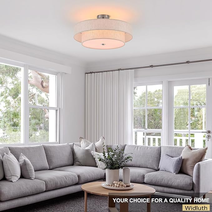 21.7" Modern Semi Flush Mount Ceiling Light 4-Lights Linen Drum Ceiling Lighting with Chrome Finish, Vintage Ceiling Light Fixture for Laundry Room, Kitchen, Living Room, Dining Room, Bedroom