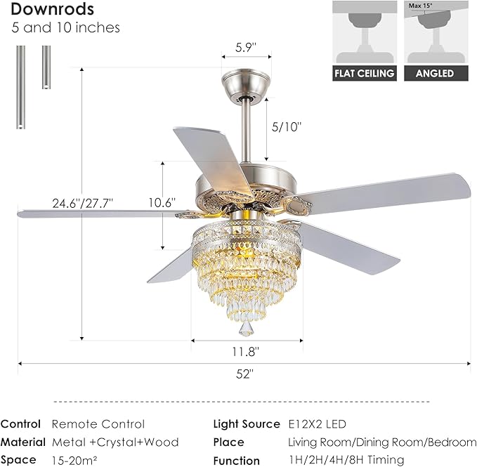 Asyko Crystal Ceiling Fan Fandelier with Lights and Remote Control，52" Modern Silver Chandelier Ceiling Fans with Reversible Blades, Silent Motor，Fandelier Ceiling Fan with Light Chrome