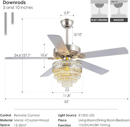 Asyko Crystal Ceiling Fan Fandelier with Lights and Remote Control，52" Modern Silver Chandelier Ceiling Fans with Reversible Blades, Silent Motor，Fandelier Ceiling Fan with Light Chrome