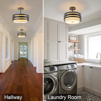 12.6” Drum Light Fixture Black Semi Flush Mount Ceiling Lights 3-Light Linen Boho Light Fixture Close to Ceiling Lighting for Bedroom Hallway Kitchen Entryway Foyer Dining Room Laundry Room