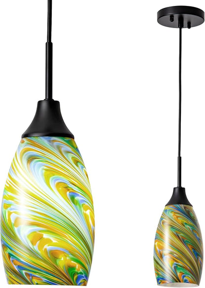 Viinew Mini Glass Pendant Light 4.72" Colorful Pattern Oval Pendant Lights 1-Pack Handblown Art Glass Hanging Pendant Light for Kitchen Island Dining Room Living Hallway Matte Black Metal
