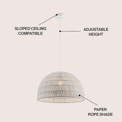 JONATHAN Y 20" White Modern Bohemian Woven Rope LED Pendant Light Fixture, Adjustable Dome Ceiling Lamp for Kitchen Island, Rope Shade, Coastal Farmhouse Decor (JYL6504E)