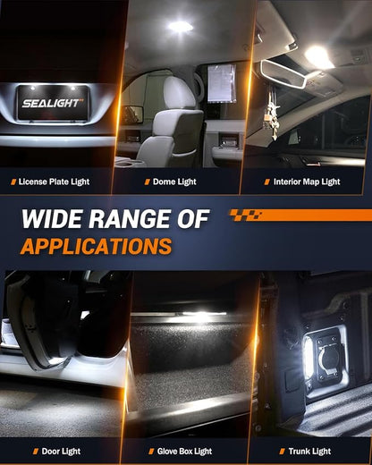SEALIGHT 194 LED Bulb 6000K White 168 T10 2825 W5W 600% Brightness Wedge Interior Car Bulbs Replacement for License Plate Lights Dome Map Door Courtesy Trunk Parking, 10 PCS