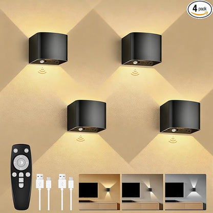 Rechargeable Motion Sensor Wall Light, Black 6000mAh Wireless LED Sconces with Remote Control, Dimmable 2700K-6500K, Adjustable Beam Angle, Battery Operated, 3 Modes for Living Room, 4-Pack