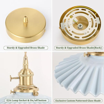 Shenmoyl Pendant Light with Blue Pleated Ceramic Lmapshade, Brass Vintage Pendant Light Adjustable Hanging Light for Kitchen Island Dining Room Hallway