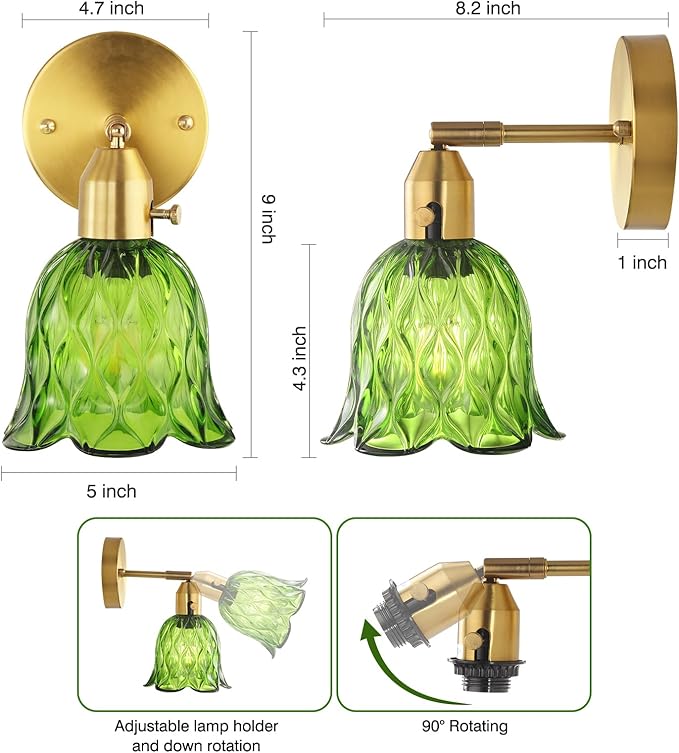 Vintage Wall Sconces Set of 2 - Hardwired Wall Lights with Green Tulip Glass Shade,Brass Wall Lamps for Bathroom Bedroom Stairway Bathroom Living Room Corridor(Bulbs Not Included,E26 Socket)