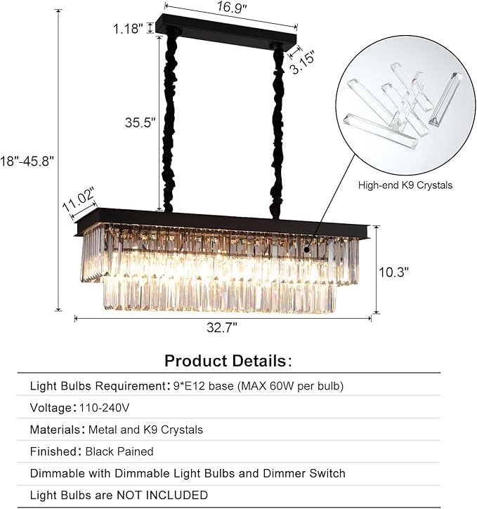 A AXILIXI Crystal Chandelier for Dining Room,Rectangular Black Chandelier Modern Rectangle Pendant Light Fixtures for Kitchen Island L33” K9 Contemporary Long Chandelier