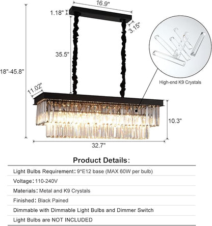 A AXILIXI Crystal Chandelier for Dining Room,Rectangular Black Chandelier Modern Rectangle Pendant Light Fixtures for Kitchen Island L33” K9 Contemporary Long Chandelier