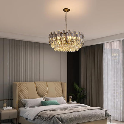 7PM Gold Crystal Chandeliers, 24-inch 4-Tier Modern Crystal Chandelier for Dining Room, Luxury Crystal Pendant Light Ceiling Light Fixture for Living Room Kitchen Island Bedroom Entryway, Brass Finish