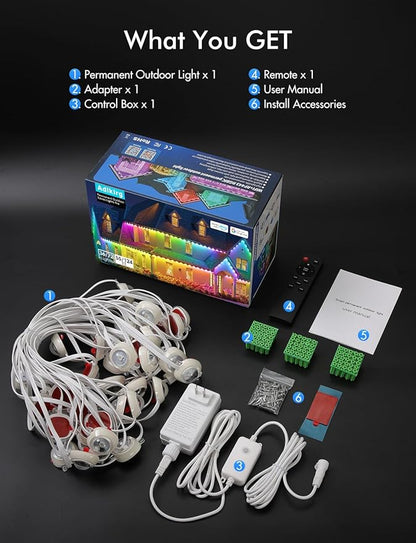 124FT Permanent Outdoor string Lights, Smart RGB Color-Changing Eaves Lights with 72 LED, IP67 Waterproof Exterior Lights, App Control for House Roof & Trim, DIY Modes for Christmas Holidays Lighting