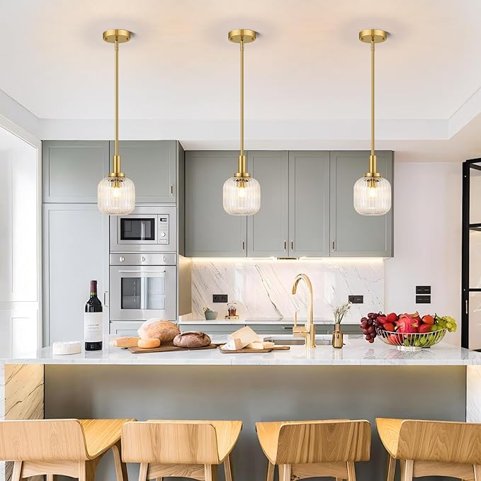 Brushed Gold Pendant Lights Kitchen Island, 1-Light 5.9" Modern Glass Pendant Light with Clear Glass and Rods, Mini Hanging Lighting for Kitchen Sink Bathroom Bedroom, OS-YQ7749-1PBG