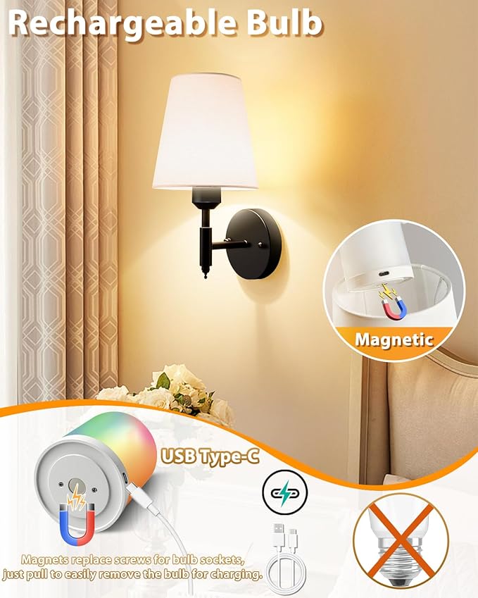 Adetu Battery Operated Wall Sconces Set of Two, Gold Rechargeable Wall Lights with 10000mAh RGB Rechargeable Magnetic Bulb, Battery Wall Sconce with Remote Control for Bedroom Decor