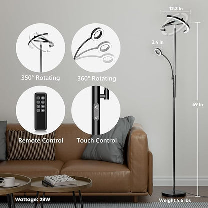 SIBRILLE LED Floor Lamp for Living Room - Modern Standing Lamp with Reading Light, Remote Touch Control Floor Light Dimmable Mother-Daughter Tall Bedroom Lamp for Couch Office, 29W, Black