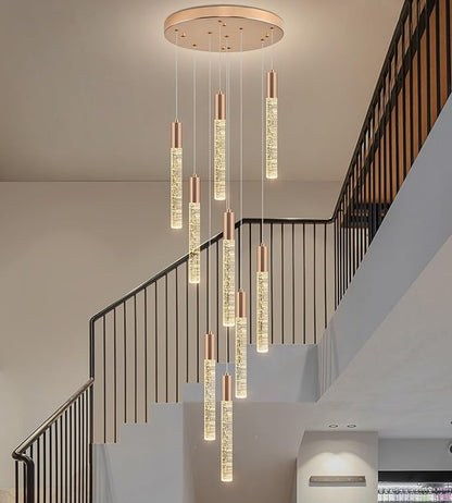 Modern High Ceiling Crystal Chandelier 9-Lights, Gold Spiral LED Raindrop Foyer Pendant Lighting, Bubble Staircase Living Room Hanging Light Fixture Flush Mount