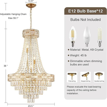 12 Lights Gold Crystal Chandeliers Modern Chandelier for High Ceilings Large Pendant Light Fixture Foyer Staircase Hallway Entryway Living Room Hall Lobby 36" H x 23.5" D