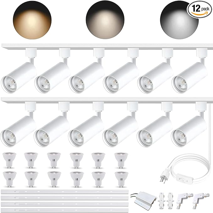 Plug in 3CCT White Track Lighting Complete Kit with 4*3.28FT H Track Light Rails and 120V 12x10W GU10 Track Lighting Heads Brightness Dimmable Ceiling Spotlight Fixture for Accent Lighting