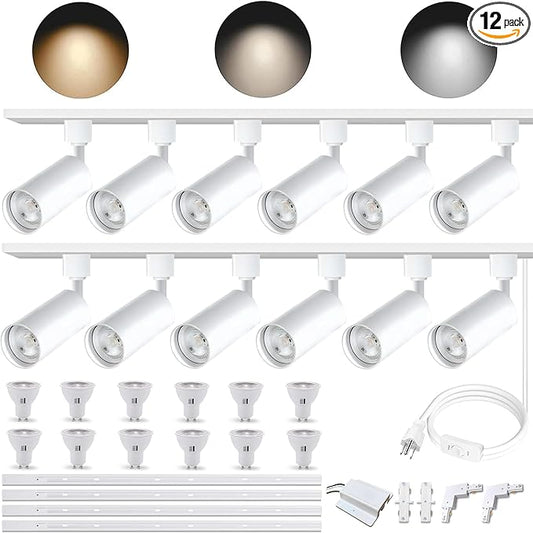Plug in 3CCT White Track Lighting Complete Kit with 4*3.28FT H Track Light Rails and 120V 12x10W GU10 Track Lighting Heads Brightness Dimmable Ceiling Spotlight Fixture for Accent Lighting