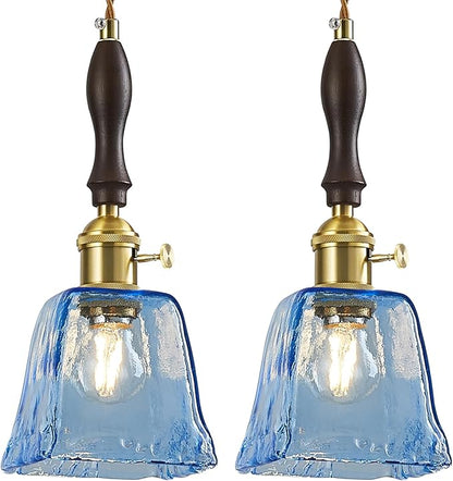 Blue Glass Vintage Pendant Light Height Adjustable Handmade Glass Pendant Lights Kitchen Island Gold Hanging Light Fixture with Wood Handle for Bedroom Dining Room Hotel (2 Pack)