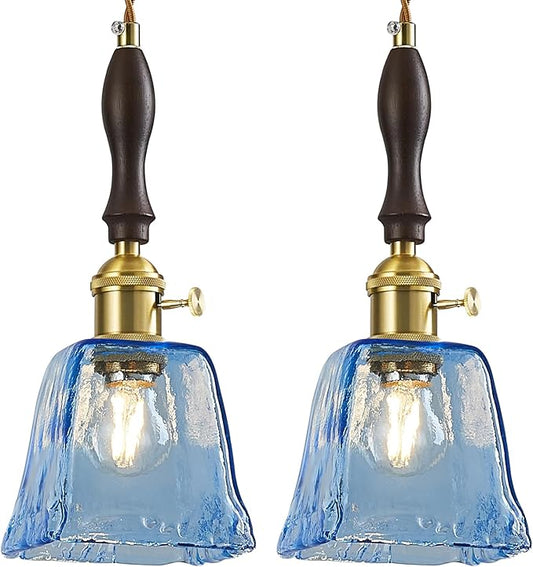 Blue Glass Vintage Pendant Light Height Adjustable Handmade Glass Pendant Lights Kitchen Island Gold Hanging Light Fixture with Wood Handle for Bedroom Dining Room Hotel (2 Pack)