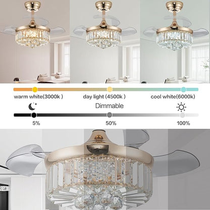 DuMaiWay 30" Golden Chandelier Ceiling Fan with Light Crystal Modern Fandelier Reversible Ceiling Fan Dimmable Retractable Timer for Dining Living Room Bedroom