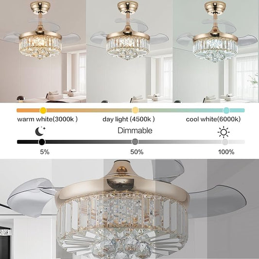 DuMaiWay 30" Golden Chandelier Ceiling Fan with Light Crystal Modern Fandelier Reversible Ceiling Fan Dimmable Retractable Timer for Dining Living Room Bedroom
