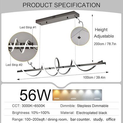 Black Modern Chandelier for Dining Room,Creative Modern Led Pendant Light for Kitchen Island Lighting Dimmable 39.73" Twist Design Modern Led Chandelier 3000K-6500K Adjustable Color Temperature