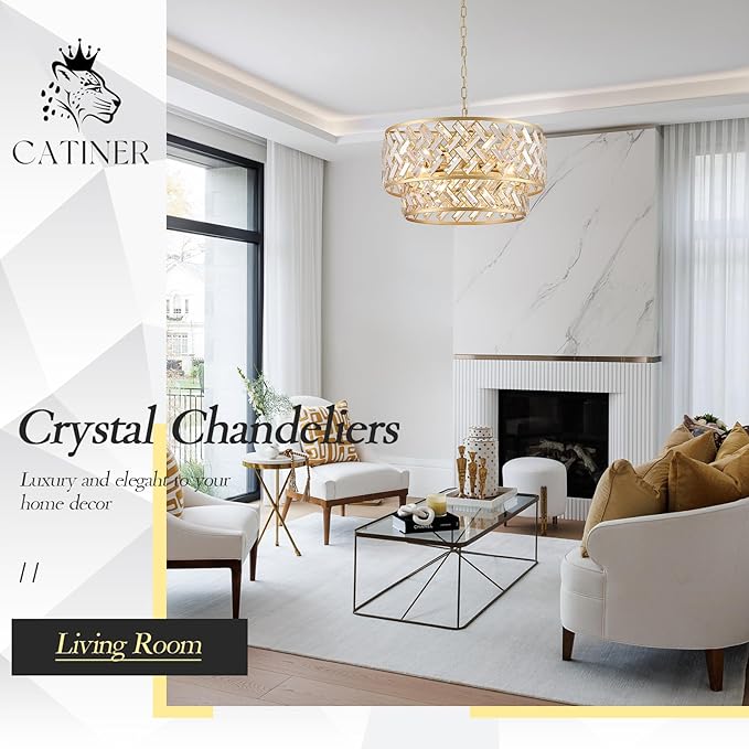 CATINER Gold Crystal Chandelier, 8-Light Drum Semi Flush Mount Ceiling Light, 24'' Luxury Brass Tone Pendant Fixture for Dining Room, Living Room, Kitchen, Foyer, Bedroom