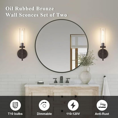SANTOSTOCK Oil Rubbed Bronze Wall Sconces Set of Two, Bathroom Wall Sconces Vanity Lights with Clear Glass Shade, Modern Farmhouse Wall Mount Lights for Mirror Bedroom Living Room Stairwell Hallway