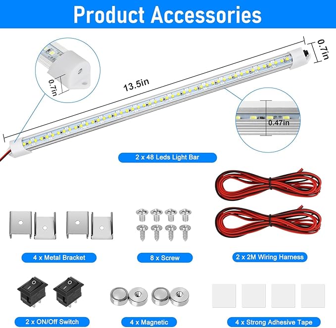 Linkstyle 2PCS 12V Interior LED Light Bar, 48 LEDs Slim Light Strip with Switch, 6500K White Lighting Lamp for Car Truck RV Van Trailer Boat
