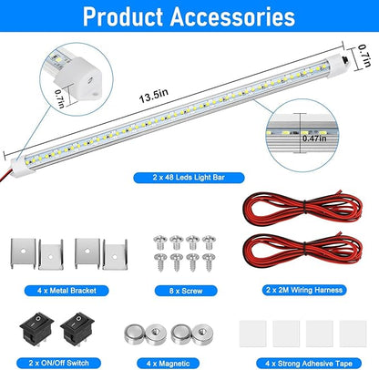 Linkstyle 2PCS 12V Interior LED Light Bar, 48 LEDs Slim Light Strip with Switch, 6500K White Lighting Lamp for Car Truck RV Van Trailer Boat