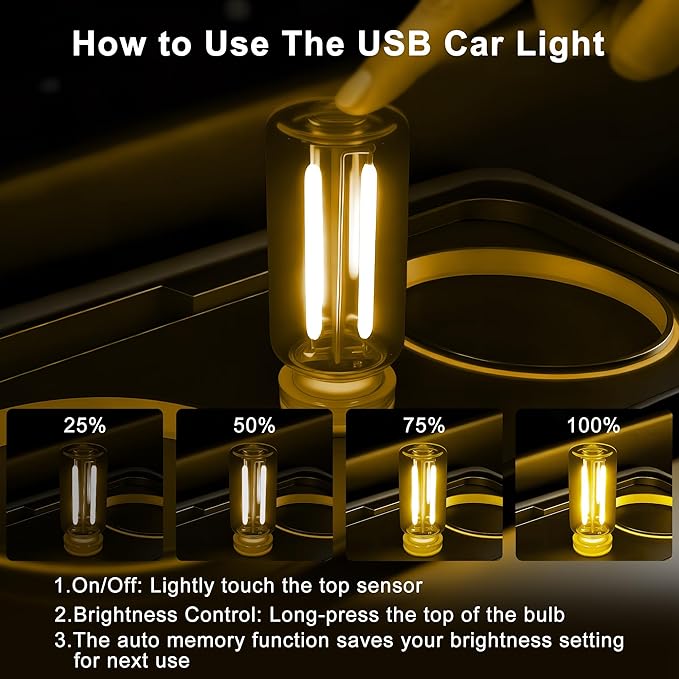 2 Packs USB Light for Car, Touch Dimmable Car Interior Ambient Lights - Portable Mini USB LED Light Bulb, Retro Glass Bottle Night Light for Vehicle, Bedroom, Hallway, Camping(Yellow)