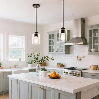 MAYNA 2-Pack Black Farmhouse Pendant Lighting, Rustic Glass Kitchen Island Lights with Bulbs, Adjustable Rods Vintage Hanging Fixtures for Dining Room, Bar