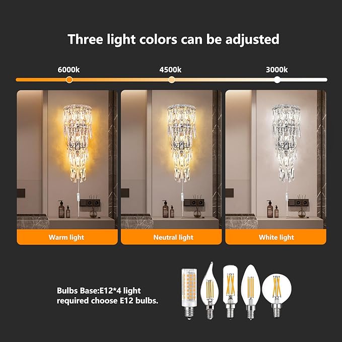 Crystal Wall Light Fixtures,Plug in Wall Sconces Luxury Chrome Wall Lamp,K9 Acrylic Crystal Drops Wall Lamp,Elegant Wall Lighting for Bedroom Bathroom Hallway Living Room Mirror Bedside