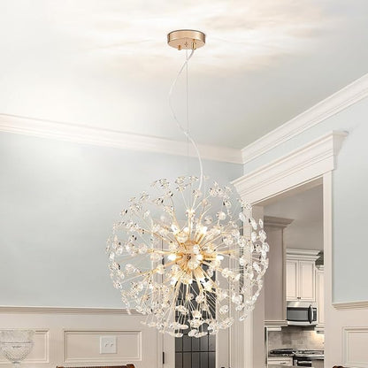 AGV LIGHTING Modern Crystal Chandelier Sputnik Dandelion Pendant Light Fixture, 8-Light Gold Chandelier for Dining Room Living Room Bedroom Foyer