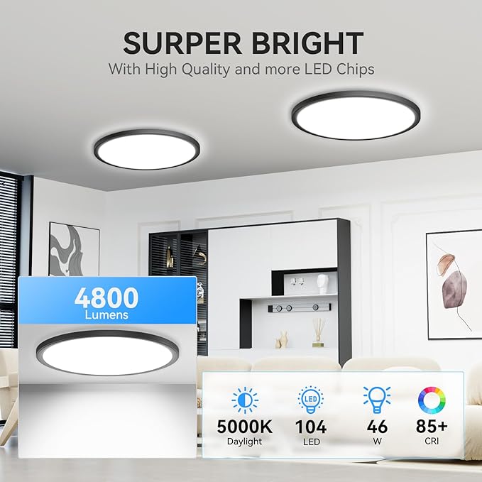 WKONCLDY 4700lm LED Flush Mount Ceiling Light, Super Slim 16 inch LED Ceiling Light, 5000K LED Ceiling Light for Bedroom, Living Room, Dining Room (Black, One Pack)