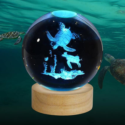 3D Sea Turtles Crystal Ball Night Light, Upgraded 3.15 Inch Glass Ball Lamp with 16 Color LED Wooden Base, Sea Turtles Decor Birthday Holiday Christmas Gifts for Boys Girls Friends