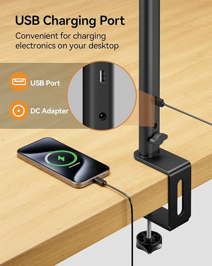 LED Desk Lamp for Home Office - 24W Eye-Caring Architect Clamp Light for Dual Monitors, Bright Task Light with USB Port, Touch Dimming, 5 Colors & 50 Modes, Flexible Gooseneck for Read, Study, Craft