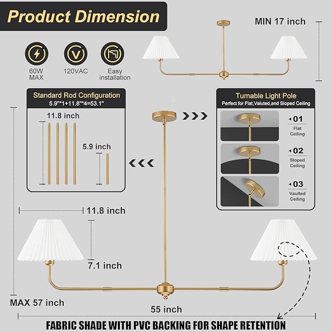 Gold Linear Chandelier, 2-Light Modern Chandelier for Dining Room Light Fixture, Kitchen Island Lighting with White Fabric Shade Linear Pendant Lights for Restaurant, Living Room, Bedroom