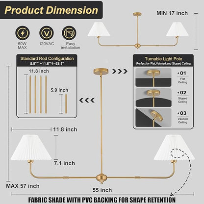 Gold Linear Chandelier, 2-Light Modern Chandelier for Dining Room Light Fixture, Kitchen Island Lighting with White Fabric Shade Linear Pendant Lights for Restaurant, Living Room, Bedroom