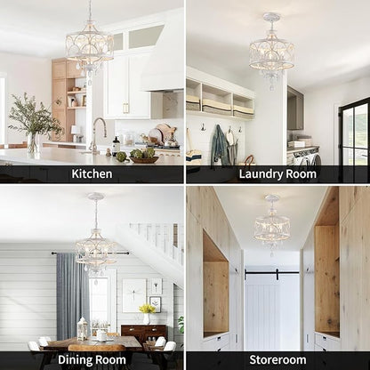 Small Crystal Chandelier, Modern Crystal Chandelier for Dining Room, Rustic Farmhouse White Round Ceiling Pendant Light Fixture for Living Room, Entryway, Hallway, Bedroom, Bathroom