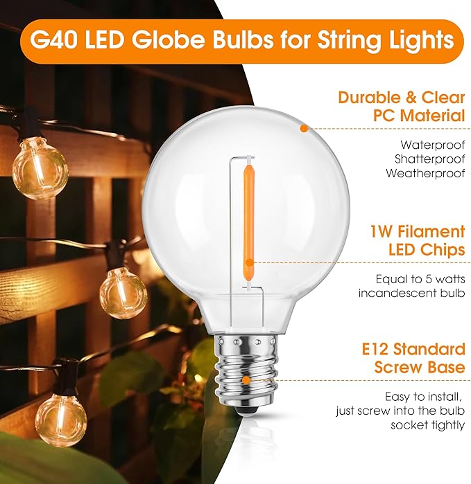 Mlambert G40 Replacement LED Light Bulbs, Waterproof Clear Globe Bulbs fits E12 Candelabra Bulb Base, 1W Equvalent to 5W Incandescent Bulb for Indoor Outdoor Patio String Lights, Amber Warm，25 Pack