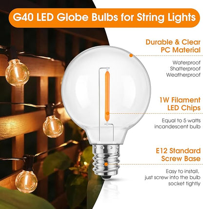 Mlambert G40 Replacement LED Light Bulbs, Waterproof Clear Globe Bulbs fits E12 Candelabra Bulb Base, 1W Equvalent to 5W Incandescent Bulb for Indoor Outdoor Patio String Lights, Amber Warm，25 Pack