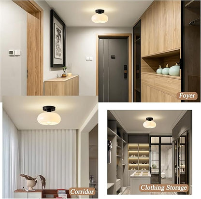 Mid-Century Modern Black Semi Flush Mount Ceiling Light,White Glass Dome Hallway Lighting Fixtures, Metal Close to Ceiling Lamp for Entryway Bathroom Kitchen Bedroom Porch Foyer Office(8.66 Inch)