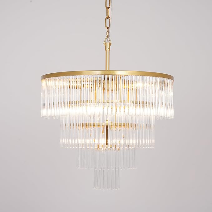 Modern Multi-Tier Crystal Chandelier 4-Tier Round Gold Finish Ceiling Light -Cylindrical Glass Rods -Dining Room Living Room Bedroom Entryway -Luxury Lighting Fixture 20''