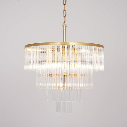 Modern Multi-Tier Crystal Chandelier 4-Tier Round Gold Finish Ceiling Light -Cylindrical Glass Rods -Dining Room Living Room Bedroom Entryway -Luxury Lighting Fixture 20''