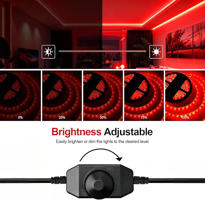Red LED Strip Light 16.4ft – Dimmable, Waterproof, Flexible & Cuttable – 12V UL Listed Adapter – 3M Tape – DIY for Bedroom, Party, Bar, Festival
