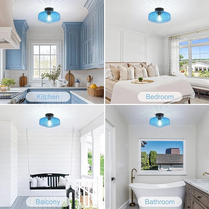 Blue Glass Ceiling Light, 11.8 Inches Mid Century Semi Flush Mount Ceiling Light Retro Small Chandelier Glass Overhead Lighting for Girl's Room Kids Room Nursery Bedroom Closet Hallway E26