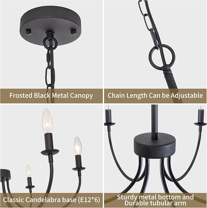 Black Chandelier, 6-Light Farmhouse Chandelier for Dining Room Lighting Fixtures Hanging, Rustic Candle Modern Chandeliers for Living Room Bedroom Foyer Kitchen(Frosted Black)