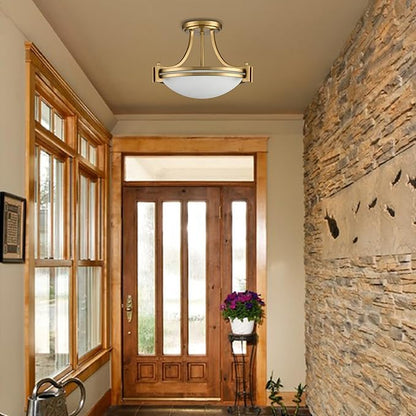 12-Inch Gold Semi Flush Mount Ceiling Light Milk Glass Light Fixture Mid Century Modern 2-Light Brass Glass Ceiling Light for Hallway Bedroom Foyer