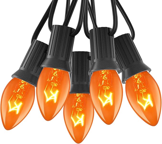 Abeja 25Ft C7 Orange String Lights with 27 Clear Orange Bulbs (2 Spare) - Vintage Halloween String Lights on Black Wire for Patio, Party & Spooky Decor